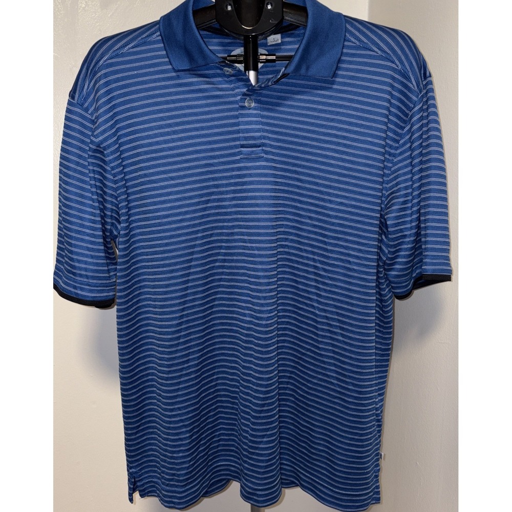 Callaway Polo Shirt Mens Size Large Blue White Striped Golf Short Sleeve Stretch